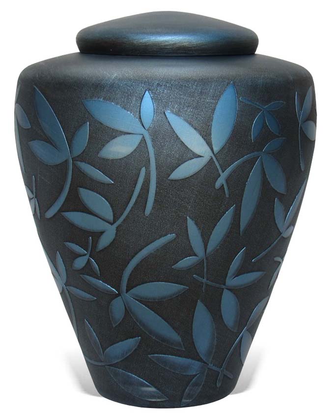 crystal glass urn with blue decoration