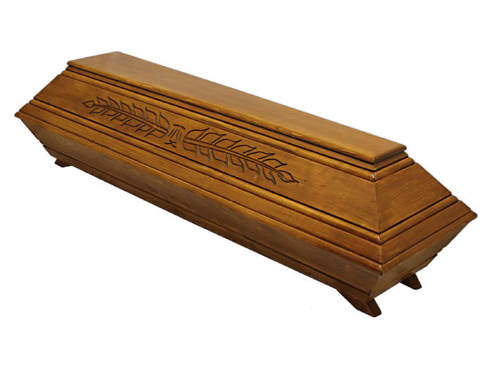 Solid spruce coffin light brown with palm