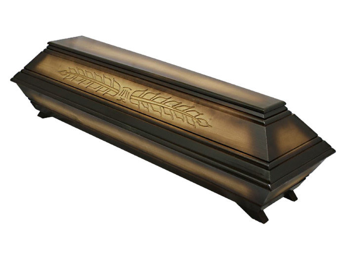 Solid poplar coffin dark brown patina with palm