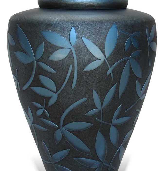 crystal glass urn with blue decoration